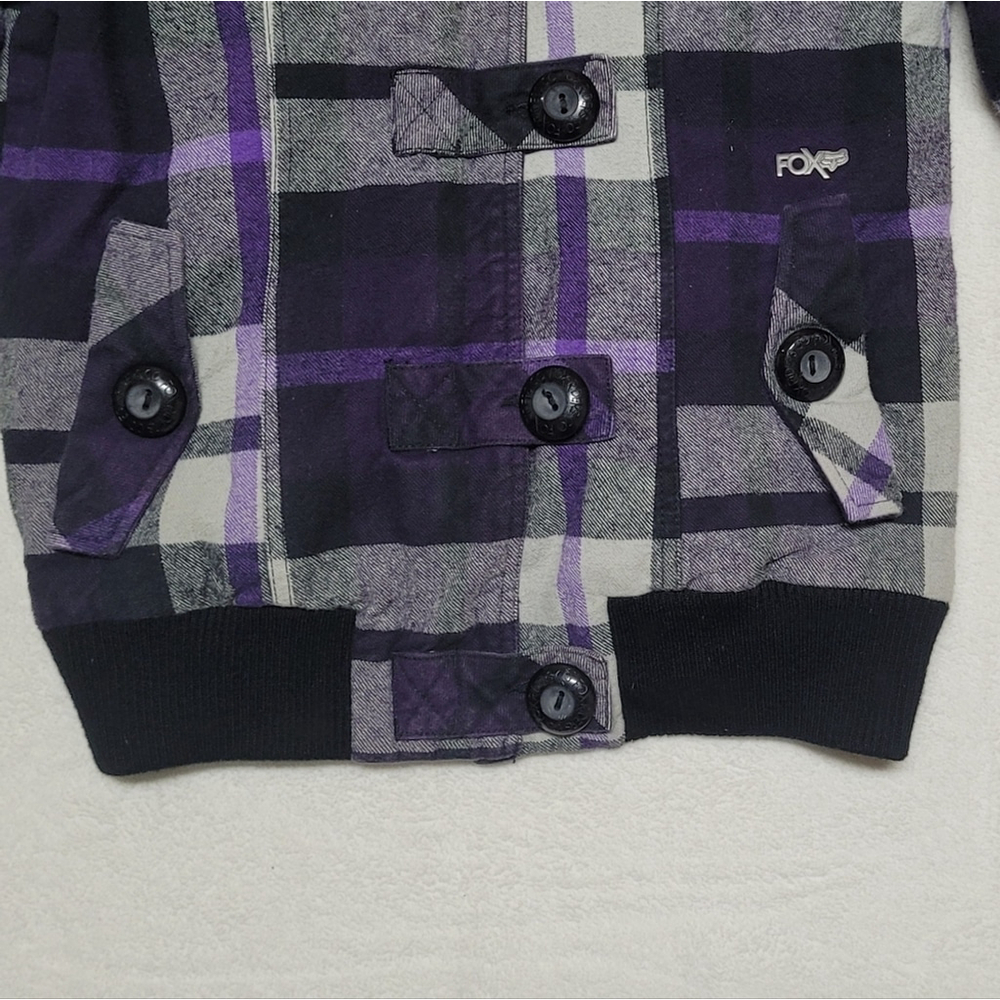 Fox Vintage Y2K Purple Plaid Flannel Black Faux Fur Lined Hooded Bomber Jacket - Picture 5 of 11